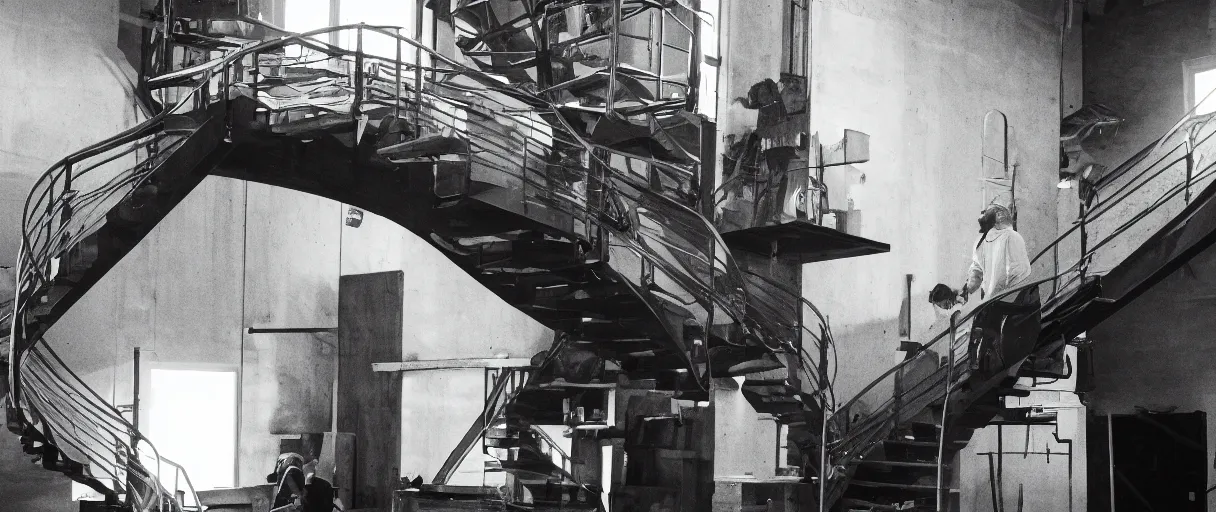 Image similar to frank ocean building a spiral staircase in the centre of the room, inside of a warehouse, greyscale,