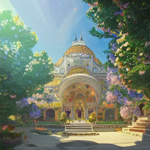 Prompt: a beautiful hyperdetailed illustration of absolutely beautiful blooming flower masjid alone, perfectly shaded, sun rays, natural light, golden hour, style of studio ghibli, detailed lines, sharp edges, 8 k render, artistic, colourful