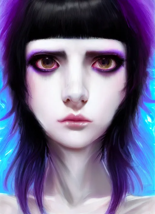 Image similar to hair blackbangs hair, white cyberlox, portrait of normal teenage girl, normal face, black bangs, messy bangs, fluffy bangs, cyberlox, whitebangs, red contact lenses, purple background, intricate, elegant, highly detailed, digital painting, artstation, concept art, sharp focus, smooth, illustration, art by wlop, mars ravelo and greg rutkowski