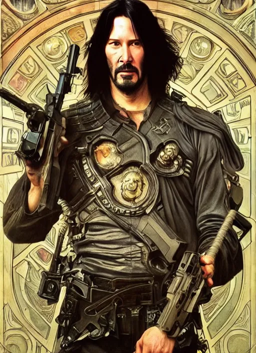 Image similar to Keanu Reeves as God of Guns, brutal, epic, intricate, elegant, highly detailed, digital painting, 4k, HDR, concept art, smooth, sharp focus, illustration, art by alphonse mucha,artgerm, H R Giger