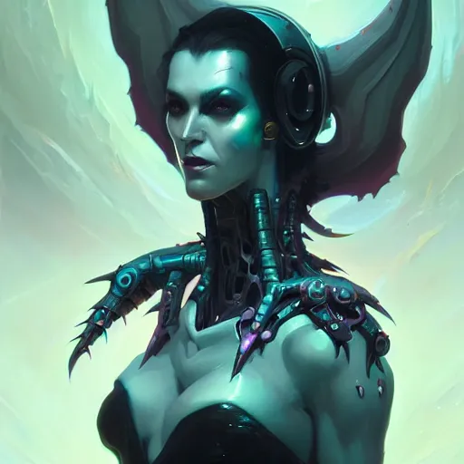 Prompt: a portrait of a beautiful demonic cybernetic queen of vampires, cyberpunk concept art by pete mohrbacher and wlop and artgerm and josan gonzales, digital art, highly detailed, intricate, sci-fi, sharp focus, Trending on Artstation HQ, deviantart, unreal engine 5, 4K UHD image