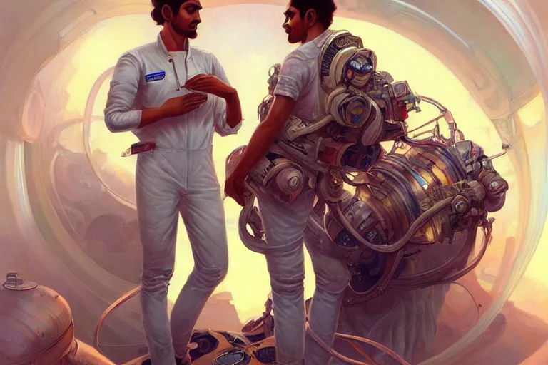 Prompt: Euphoric good looking pale young Indian doctors wearing jeans in a space station above Earth, portrait, elegant, intricate, digital painting, artstation, concept art, smooth, sharp focus, illustration, art by artgerm and greg rutkowski and alphonse mucha