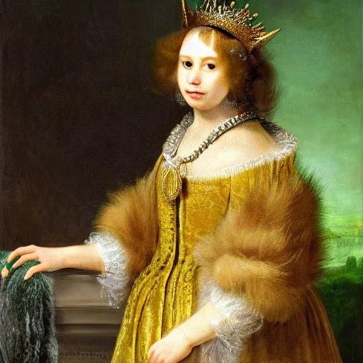 Prompt: a female tabby cat with green eyes and long fur and dark fur wearing aristocratic robes and a golden necklace and a crown sitting in a garden in the style of Rembrandt