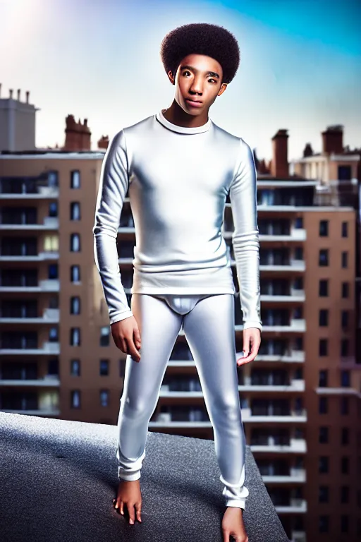 Image similar to un ultra high definition studio quality photographic art portrait of a young man standing on the rooftop of a british apartment building wearing soft padded silver pearlescent clothing. three point light. extremely detailed. golden ratio, ray tracing, volumetric light, shallow depth of field. set dressed.