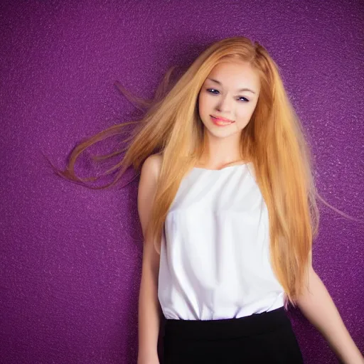 Prompt: girl with long blond hair and white dress in purple-black background