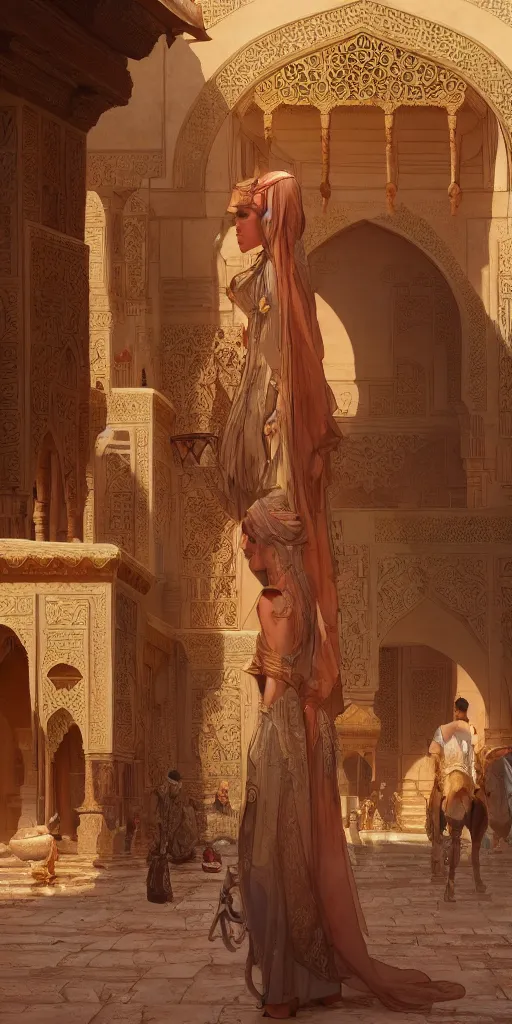 Image similar to arabian market, ancient, sand, intricate, highly detailed, digital painting, artstation, concept art, smooth, sharp focus, illustration, Unreal Engine 5, 8K, art by artgerm and greg rutkowski and alphonse mucha