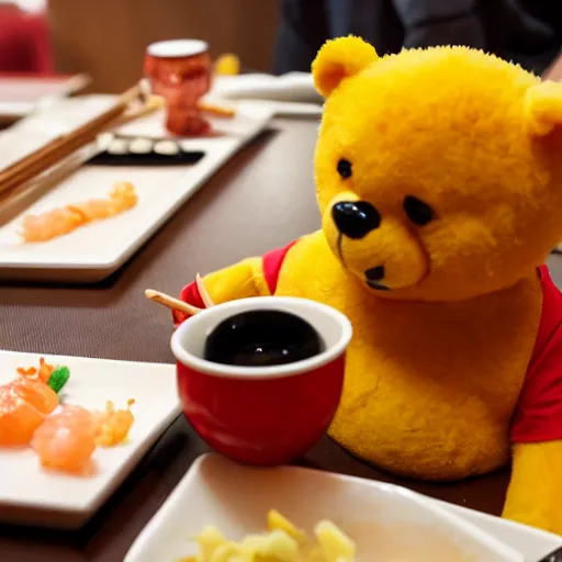 Image similar to Yellow teddy bear wearing red shirt eating sushi at a restaurant, realistic, highly detailed