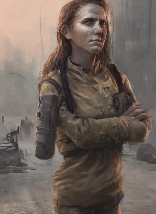 Image similar to portrait of a survivalist woman in a post apocalyptic city at dawn, beautiful digital concept art trending on artstation, ultra - realistic lifelike high details, realistic face, cinematic lighting