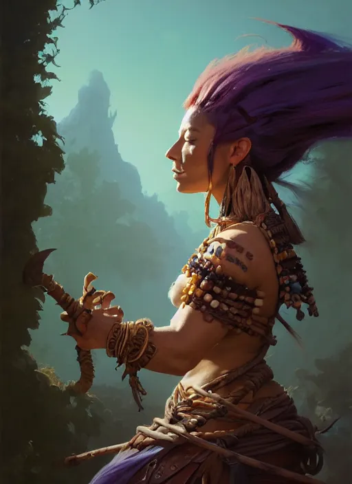 Prompt: side portrait, female troll shaman, gloomhaven, organic painting, hard edges, luminescent, octane render, by greg manchess, huang guangjian, gil elvgren, sachin teng, greg rutkowski, jesper ejsing, rhads, ilya kuvshinov, cushart krenz