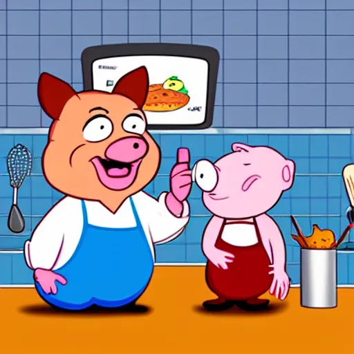 Image similar to cartoon characters, rick and porky cooking a brisket, cell animation