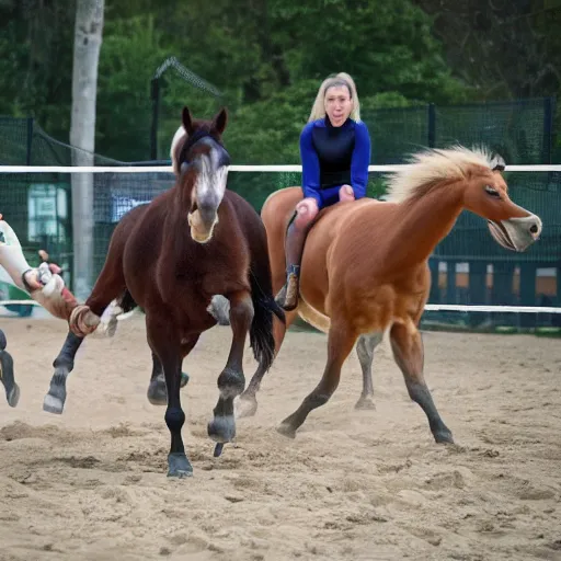 Image similar to horses and a velociraptors playing volleyball