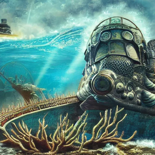 Image similar to 2 0, 0 0 0 leagues under the sea, artstation hall of fame gallery, editors choice, # 1 digital painting of all time, most beautiful image ever created, emotionally evocative, greatest art ever made, lifetime achievement magnum opus masterpiece, the most amazing breathtaking image with the deepest message ever painted, a thing of beauty beyond imagination or words