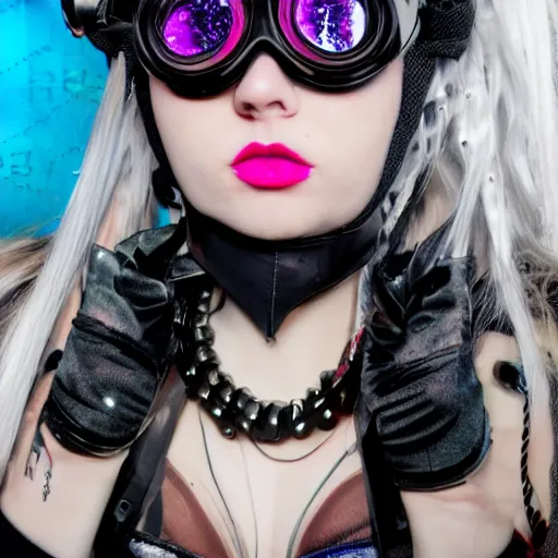 Prompt: cybergoth girl wearing goggles and eccentric jewelry by julie hewlett, - h 7 6 8