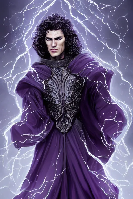 Prompt: Full portrait of Electromancer, gorgeous, male, beautiful face, dark purple garments, grey robes, silver bracelets, transparent cloak from neck to ankles, pin-up, highly detailed, detailed face, storm background, smooth, sharp focus, digital painting, illustration, by by Albert Aublet, Krenz Cushart, WLOP and Sakimichan, artstation, chiaroscuro