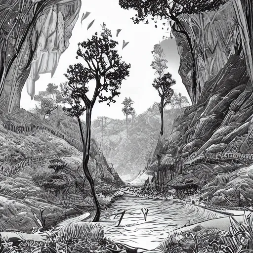 Prompt: impressive fantasy landscape, pure b & w, line art, ink illustration, engraving illustration, behance