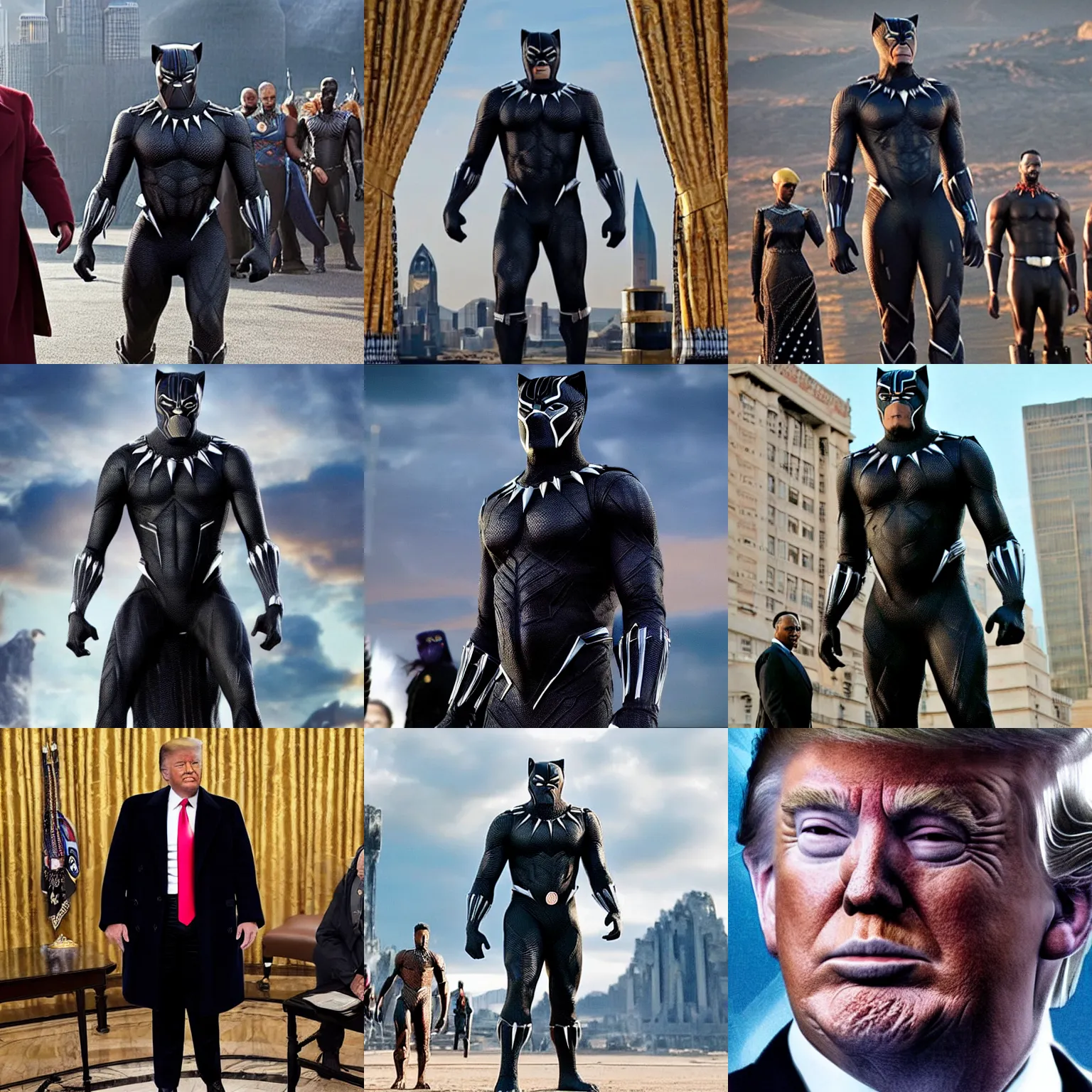 Prompt: trump in the marvel movie black panther costume, realistic, sharp, detailed