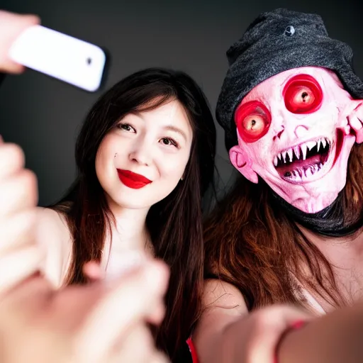 Prompt: a horrifying disfigured monster photobombs a cute girl's selfie at night, 4K