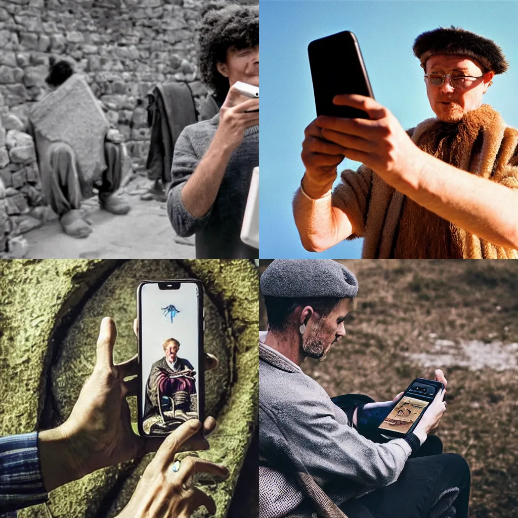 Prompt: a time traveler is watching its smartphone in the year 2000 BC. Photography