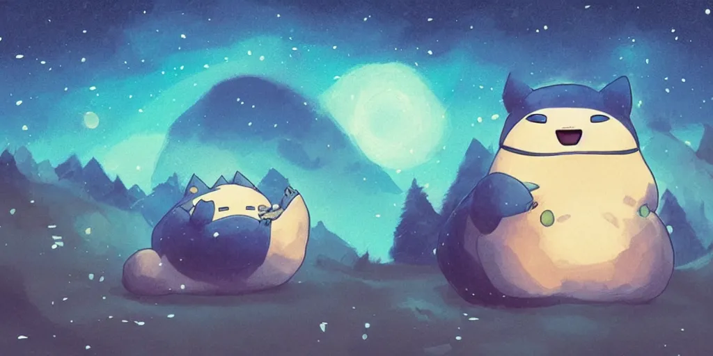 Image similar to glowing snorlax totoro, mountain landscape, night sky, digital art, digital painting, celestial, majestic, colorful