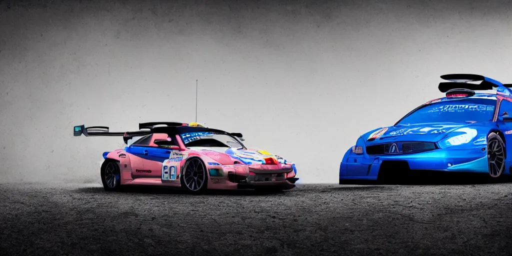 Image similar to sport rally car by sebastian luca and pablo carpio and edgaras cernikas and wang ke and damon greenhalgh, in wide view shot. blank background with some dreamy color lights.