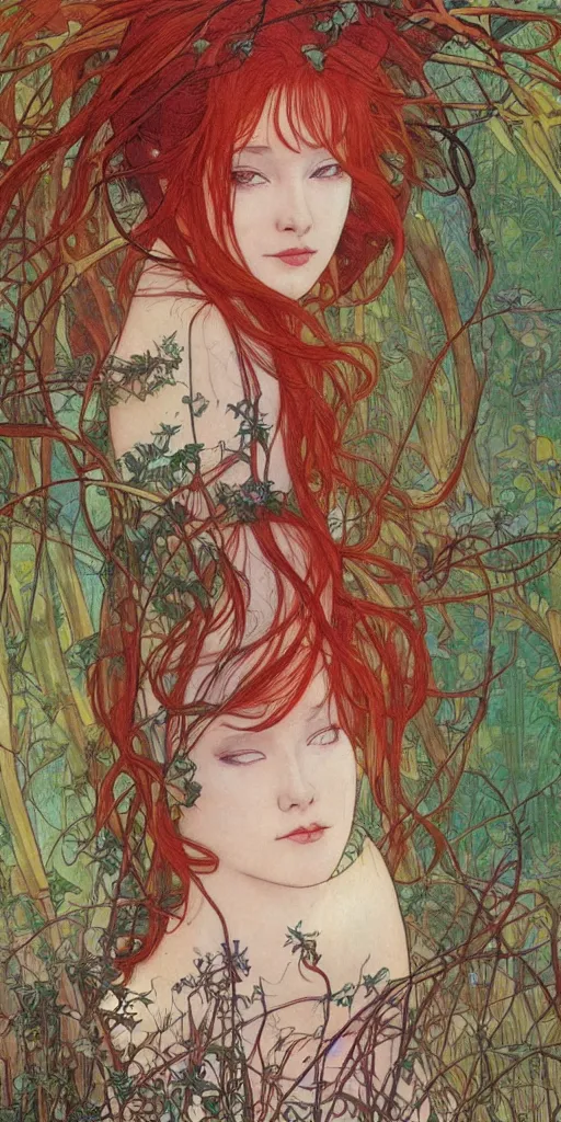 Image similar to a beautiful illustration of a red-head female in a forest, autumn, cinematic composition, mist, style of yoshitaka amano and alfons mucha