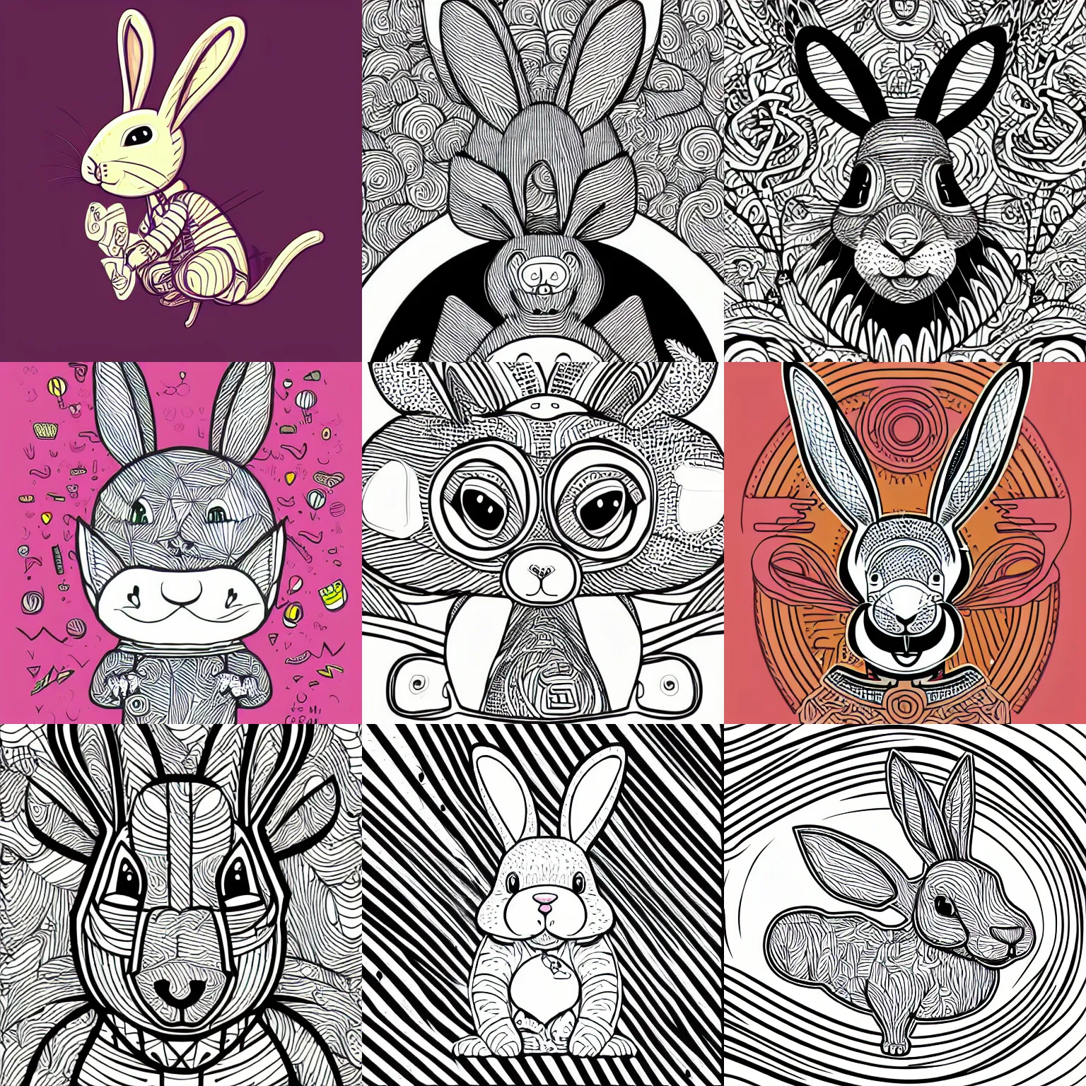 Prompt: line art crazy rabbit vector illustration, bold lines, svg, clipart, mcbess, behance, devianart, artstation, dribble, creary, ello, cgsociety, drawcrowd, pixiv, concept art world, our art corner, newgrounds, doodle addicts, penup