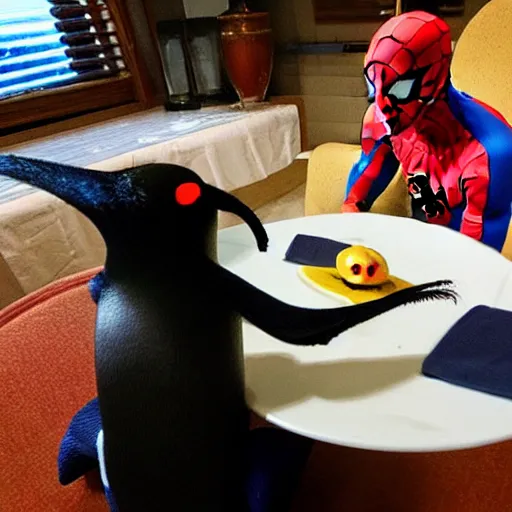 Image similar to photo spider man in a romantic dinner with an emperor penguin