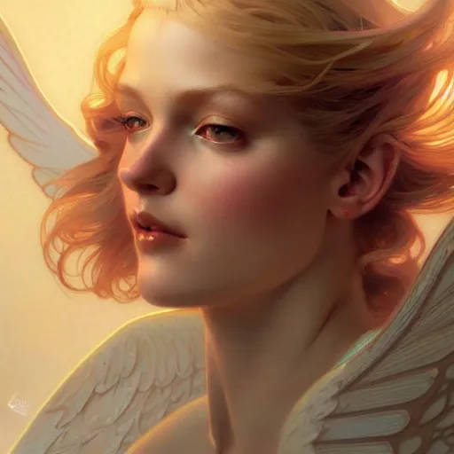 Prompt: Angel girl with blonde hair and glowing halo, wings, fantasy, intricate, elegant, highly detailed, digital painting, artstation, concept art, smooth, sharp focus, illustration, art by Krenz Cushart and Artem Demura and alphonse mucha