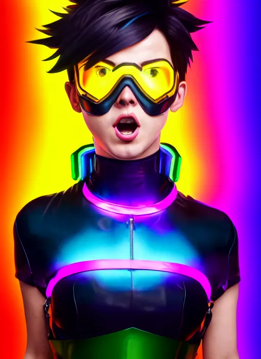 Image similar to full body overwatch style oil painting portrait of tracer overwatch, confident pose, wearing black jagged iridescent rainbow latex armor, rainbow, neon, 4 k, expressive surprised expression, makeup, wearing large rainbow neon choker, studio lighting, acid, trippy, black leather harness, expressive detailed face and eyes,