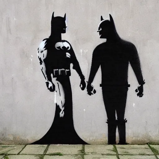 Image similar to batman in love, banksy style, realistic, smooth, sharp focus