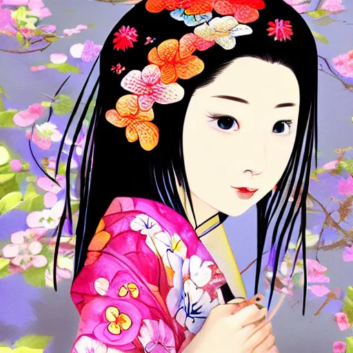 Image similar to centered portrait of beautiful Kawai Japanese girl in kimono holding an umbrella, hyperdetailed, digital painting, trending on CG society