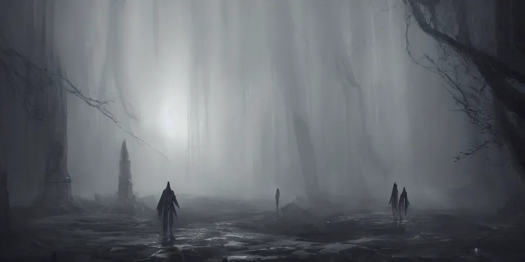 Image similar to fantasy depiction of the realm of shadows shrouded by mist trails, low saturation, high contrast, mostly greyscale, eerie disturbing lighting, in the style of marcin rubinkowski, greg rutkowski, lorenzo lanfranconi, oleg zherebin, trending on artstation