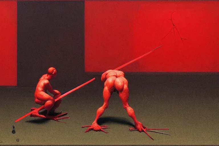 Image similar to only with red, a red samurai do seppuku, tokio, a lot of frogs watch, in the style of beksinski, parts by edward hopper, parts by rodcenko, parts by yue minjun, intricate and epic composition, red by caravaggio, insanely quality, highly detailed, masterpiece, red light, artstation, 4 k