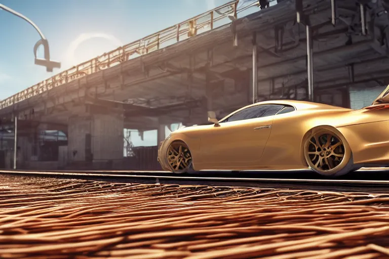 Prompt: HD luxury render of a car made of spaghetti on train tracks, product photo, rendered in unreal engine 6, clean luxury sports car, spaghetti car, car made of pasta, spaghetti, 4k