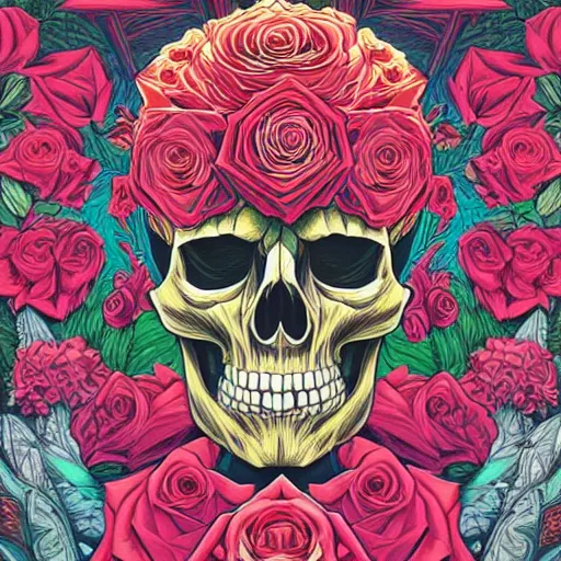 Prompt: large skulls and vivid roses, Jen Bartel, Dan Mumford, Satoshi Kon, gouache illustration