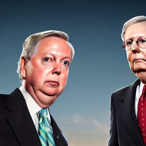 Image similar to lindsey graham and mitch mcconnell strung out on uppers and in search of a fix, hdr 4k photograph, ultrarealistic