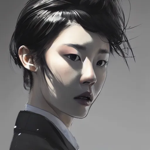 Prompt: portrait of a beautiful korean girl wearing a men's tuxedo, with short messy hair, men's haircut, angular features, angry expression, dramatic lighting, illustration by Greg rutkowski, yoji shinkawa, 4k, digital art, concept art, trending on artstation