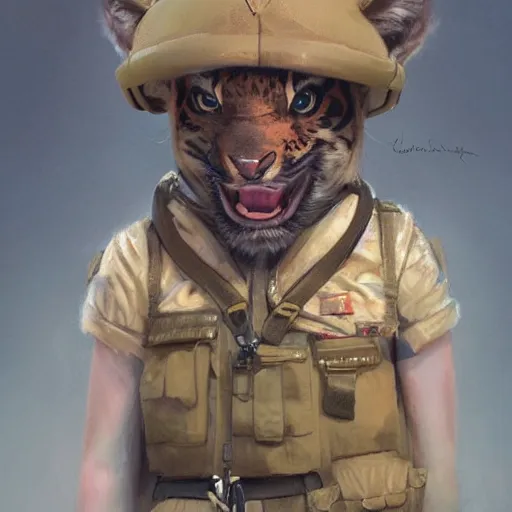 Prompt: a aesthetic award winning commission portrait of a cute baby anthro tiger wearing military uniform,digital art,art by greg rutkowski,art germ,charles bowater,trevor henderson,detailed beautfiul face,photorealistoc,hyperdetailed,dramatic,artstation,deviantart,professional lighting,beautiful face,cub,wholesome