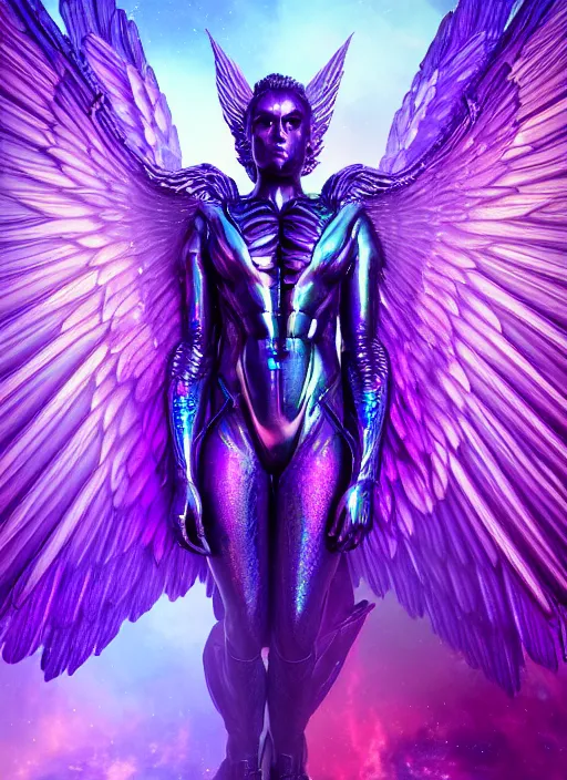 Image similar to a photo of 8 k ultra realistic archangel with 6 wings, full body, intricate purple and blue hard surfaces, futuristic, science fiction themes, highly saturated colors, holographic undertones, overdetailed art, concept art, detailed illustration, hd, 4 k, octane rendered