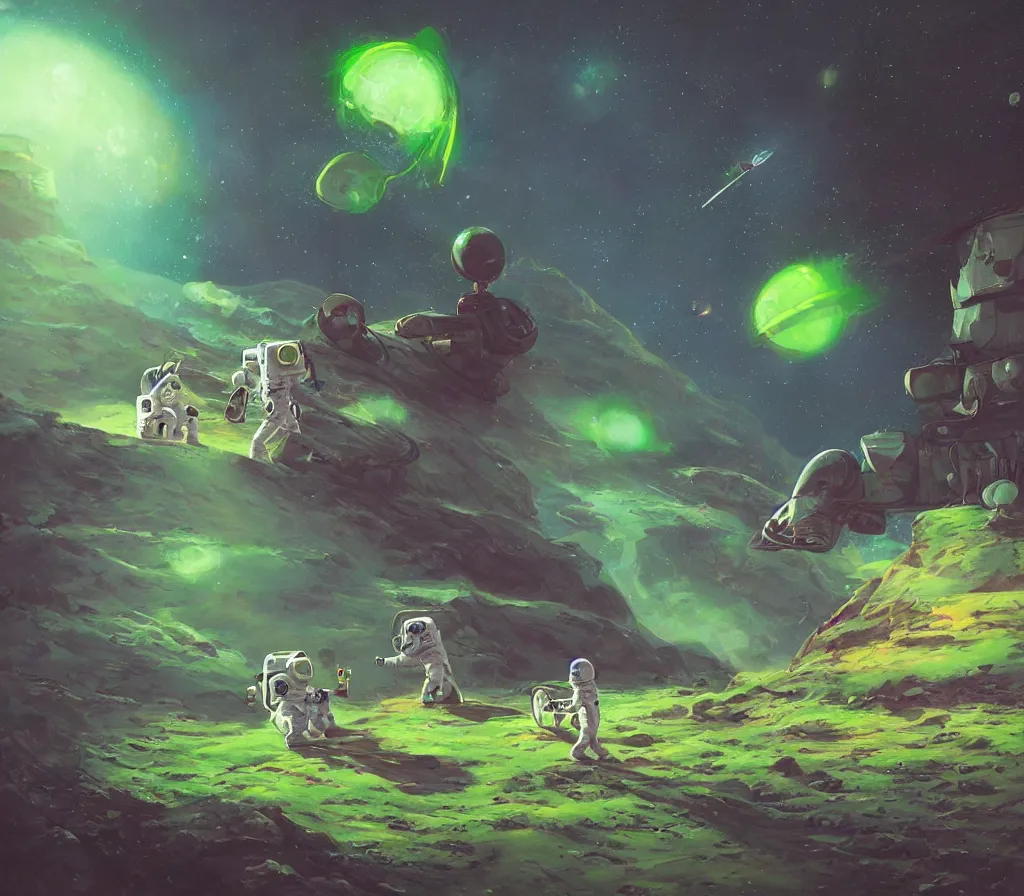 Image similar to An astronaut is having a picnic with a green alien on Mars, by Jordan Grimmer, digital art, trending on Artstation,