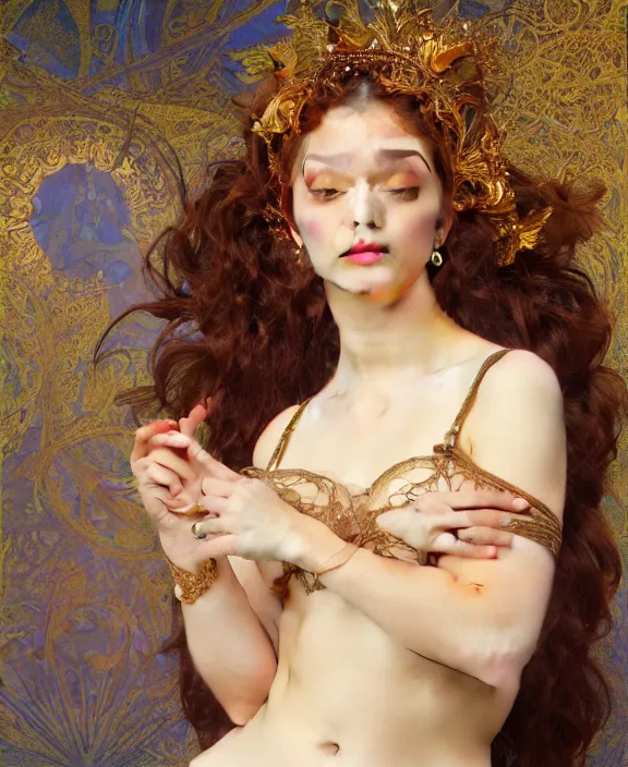 Image similar to a goddess, paint background, intricate and detailed lace set, suspenders, honey birdette, realistic renaissance portrait, highly detailed, digital painting, artstation, concept art, smooth, sharp focus, cinematic lighting, art by john collier, artgerm and greg rutkowski and alphonse mucha and jacques louis david and john william godward
