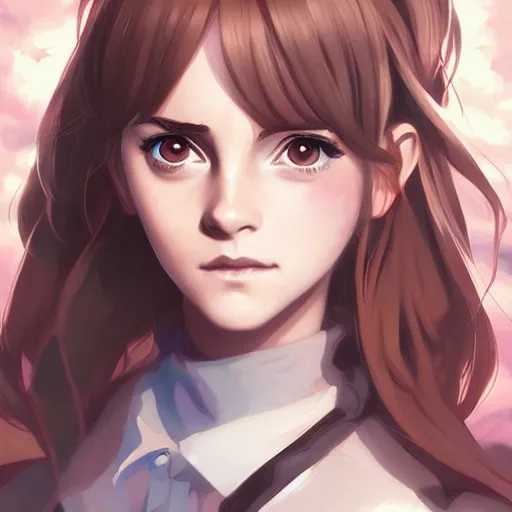 Image similar to anime portrait of emma watson as an anime girl by Stanley Artgerm Lau, WLOP, Rossdraws, James Jean, Andrei Riabovitchev, Marc Simonetti, and Sakimichan, trending on artstation