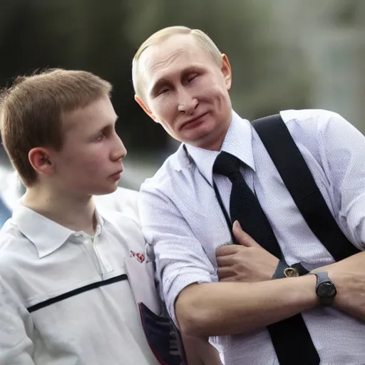 Prompt: A photo of putin teams up with a teenage putin, perfect faces, 50 mm, award winning photography