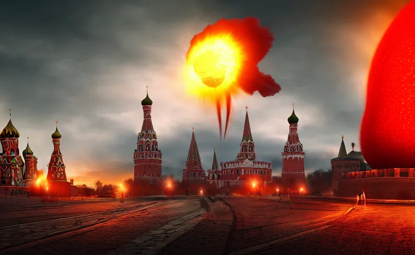 Image similar to nuclear explosion with realistic nuclear mushroom in Red Square Kremlin, cinematic shot, extremely high detail, photo realistic, cinematic lighting, post processed, artstation, matte painting, digital painting