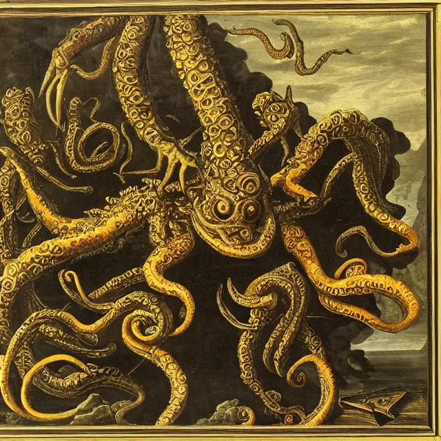 Prompt: a cthulhu monster, flemish baroque painting by jan van kessel the younger, black background, intricate high detail masterpiece