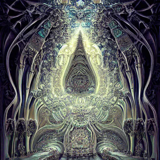 Prompt: a beautiful 3 d painting of a sprawling intricate mandelbrot fractal cathedral populated by fractals by android jones, carved soap, white color scheme, unreal engine, volumetric lighting, dynamic lighting, dramatic lighting, high contrast, depth of field, carved marble, opalescent, sacred geometry, religious, angelic, catholicpunk, stark, trending on artstation