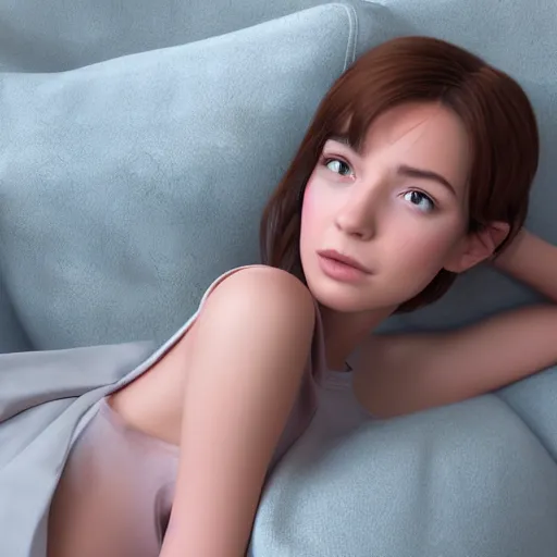 Prompt: 3 d render of a cute thin young woman, red blush, wearing casual clothes, small smile, relaxing on a couch, cuddling up under a blanket cozy living room, medium shot, 8 k, octane render, trending on artstation, art by artgerm, unreal engine 5, hyperrealism, hyperdetailed, ultra realistic