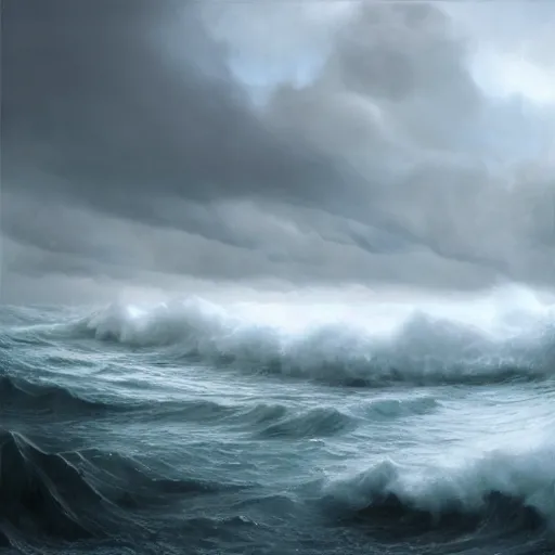 Prompt: a hyperrealistic concept art of a beautiful stormy ocean with foamy tips blown my massive wind, stunning massive ornately 3d render inspired art by Renato muccillo and Andreas Rocha and Johanna Rupprecht, natural volumetric lighting, 8k octane beautifully detailed render, post-processing, highly detailed, intricate complexity, epic composition, magical atmosphere, cinematic lighting, masterpiece, trending on artstation