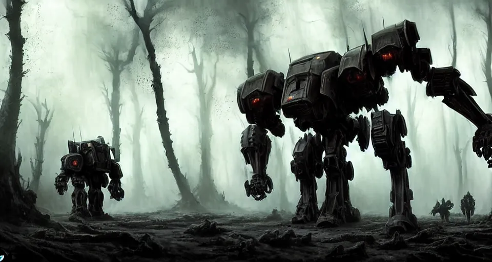 Prompt: giant darkgothic battlemech walking through a grimdark forest, the feeling of dark fantasy magic, hyper realistic sci - fi matte concept art painting, beautiful details, strong composition painted by kim jung guweta studio rutkowski, james gurney and greg rutkowski, and lucasfilm, smooth, intricate, detailed, sharp focus, cinematic