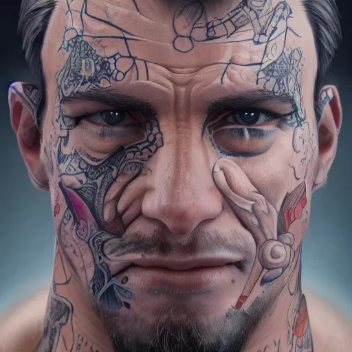 Prompt: a detailed full body portrait of a face tattoed man, digital concept art illustration, incredibly detailed and realistic, 8 k, sharp focus